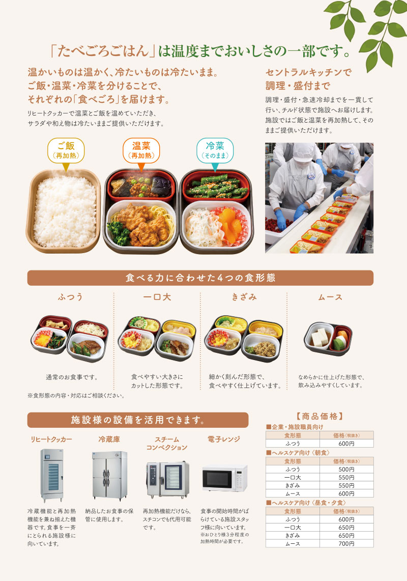 たべごろごはん パンフレット 温度までおいしさの一部・4つの食形態・施設の設備・商品価格